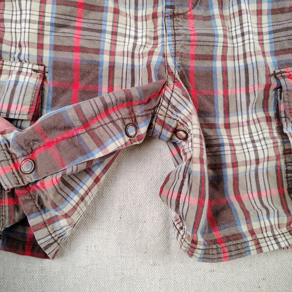 OshKosh Bgosh 24M Plaid Cargo Shortall Overalls Brown Red Blue Cotton